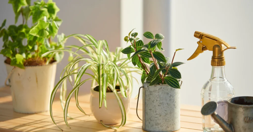 Person watering potted indoor plants near a window