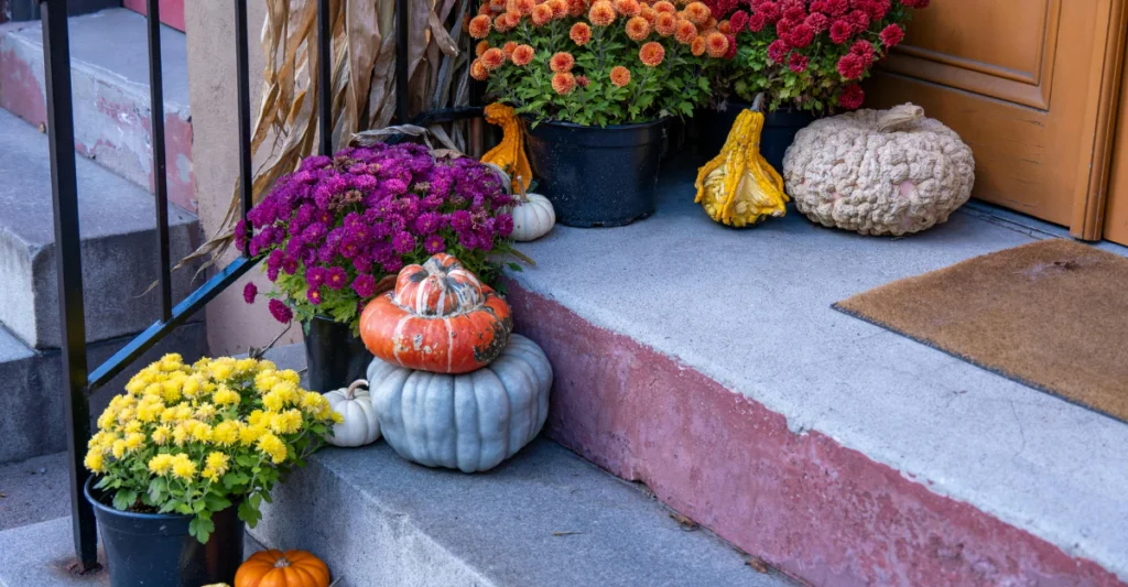 Potted mums and pumpkins on a front porch, showing when to plant mums for fall color