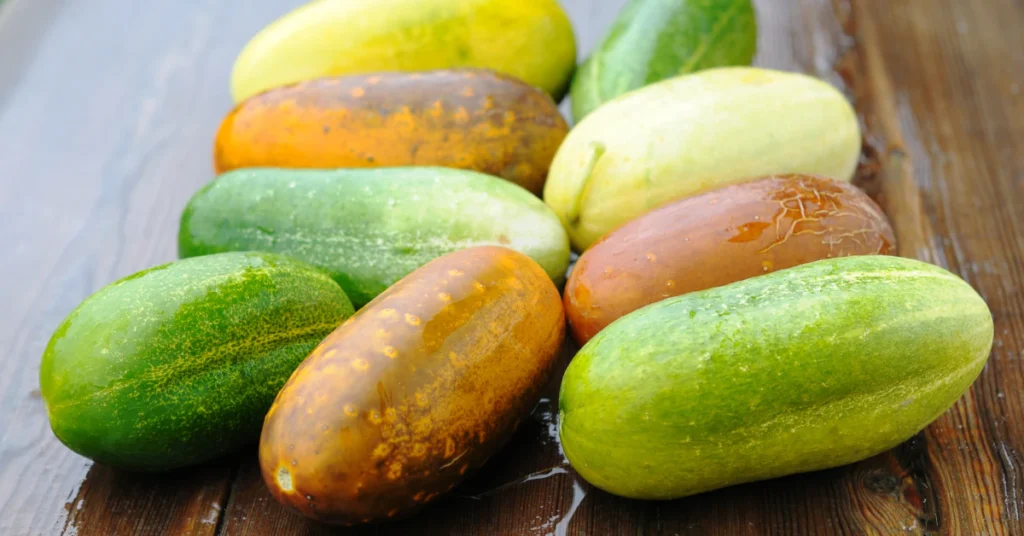 Overripe yellow and green cucumbers harvested together