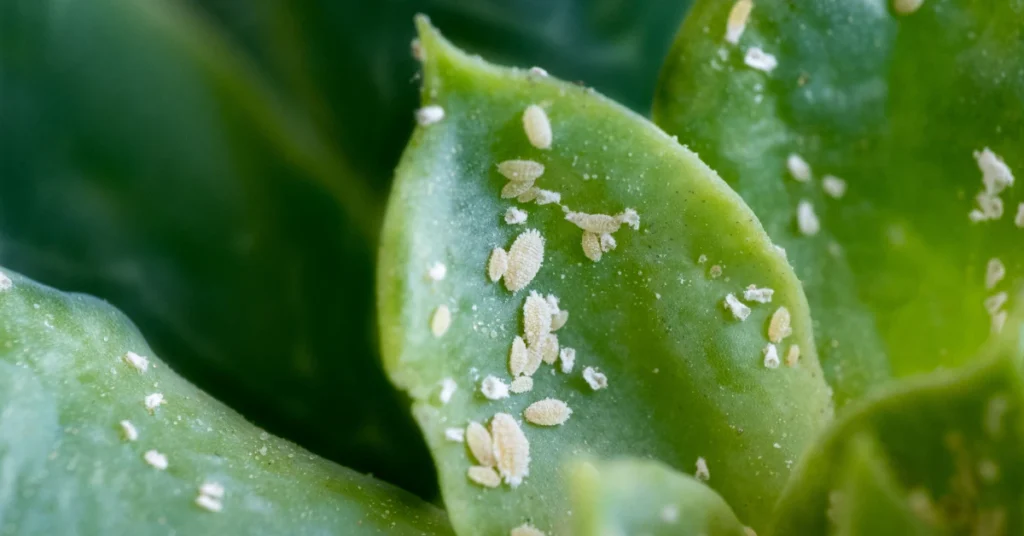Early stage mealybugs showing tiny white cottony specks on green houseplant leaves