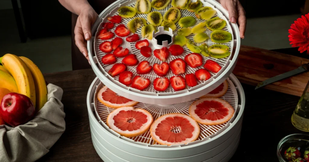 Food dehydrator with stacked trays of sliced fruit being dried