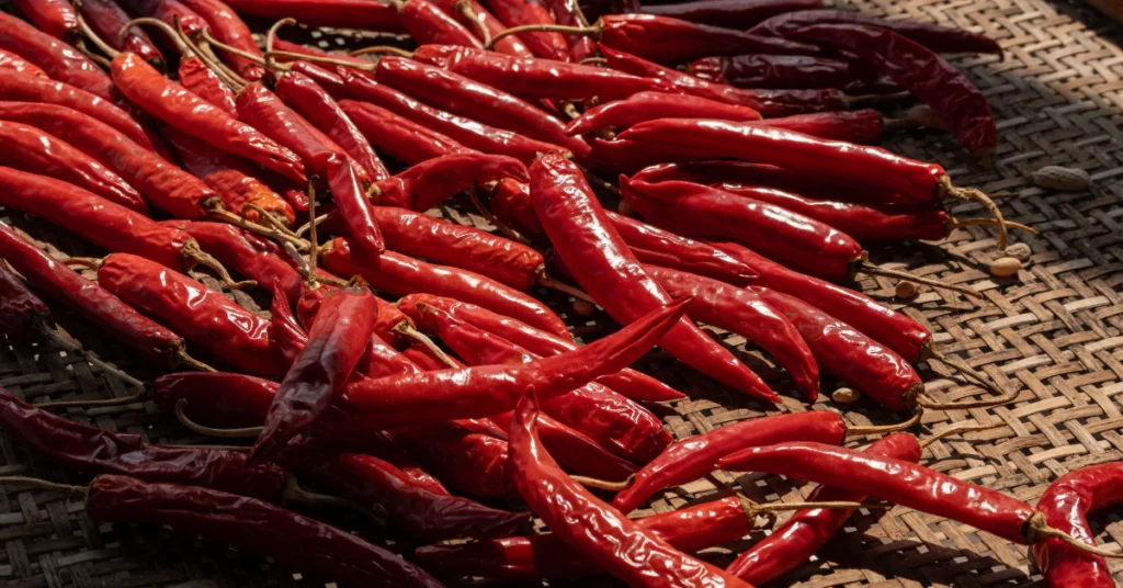 Dried red chili peppers spread out in a large pile on burlap