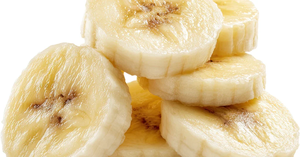 Sliced banana pieces on a white background showing the inside of a store-bought banana