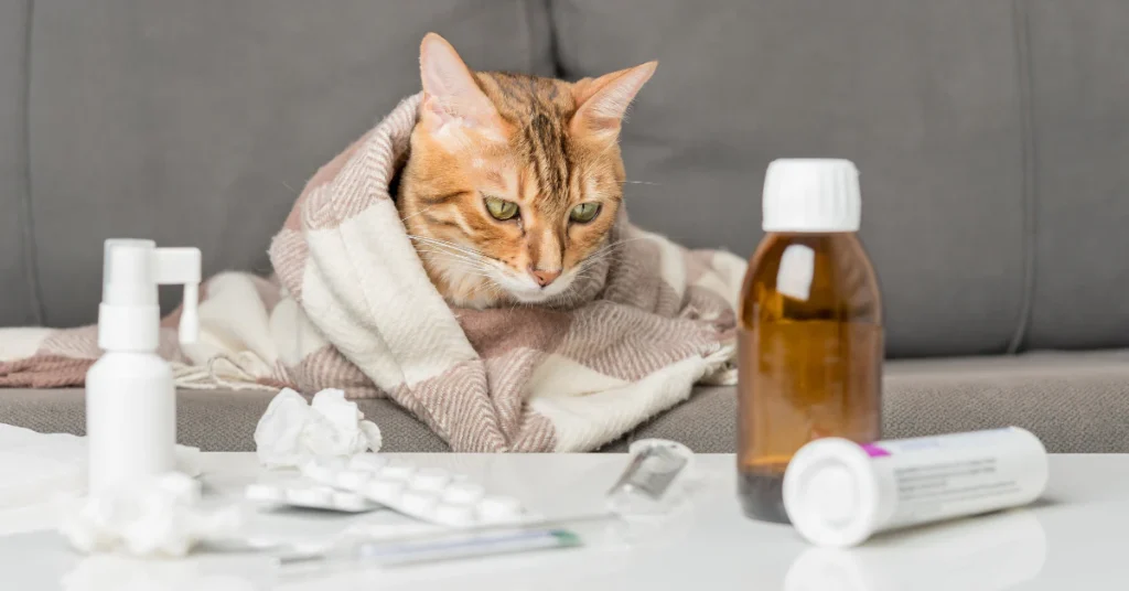 Sick cat wrapped in a blanket next to a medicine bottle, showing symptoms of plant poisoning