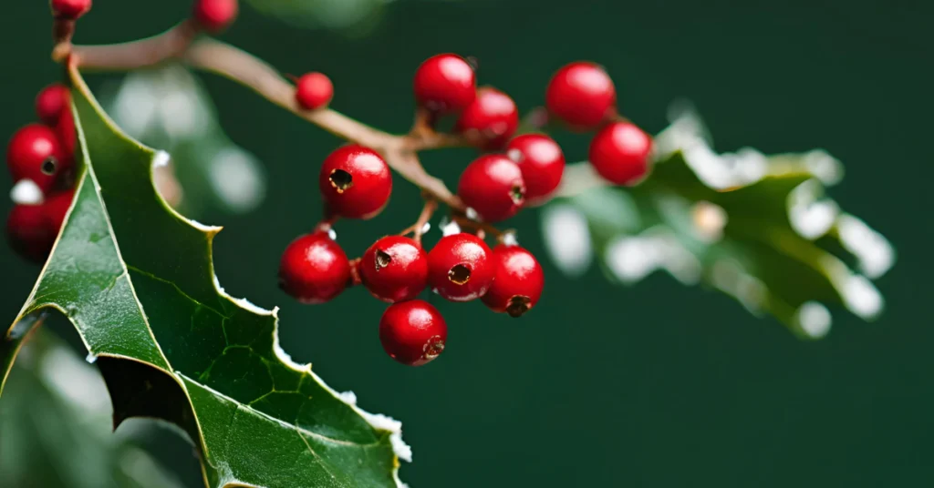 Close-up of holly leaves and red berries used to identify a red-berry tree